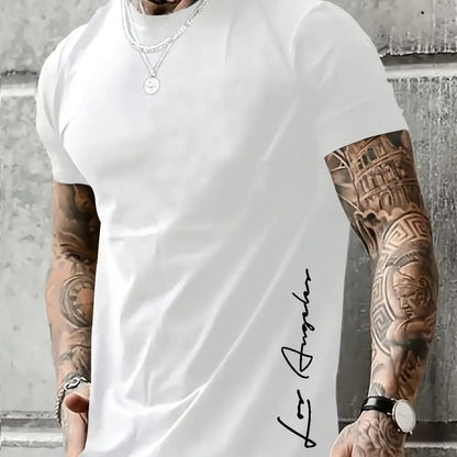 Men's 100 cotton summer loose Contrast Color  los Angelest print slim fit casual round neck short sleeved T-shirt