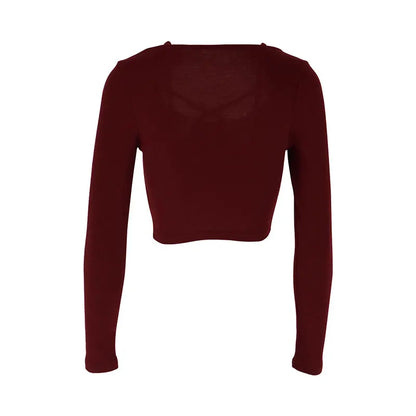 Sexy Wine Red Women's T-shirt  Hollow Out Low Chest Top New Fashion Long Sleeves Casual Slim Female Top