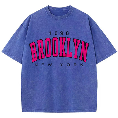 Womans Cotton Washed T-Shirts Fashion Loose O-Neck Short Sleeve Brooklyn New York Printing Tops Female Clothes