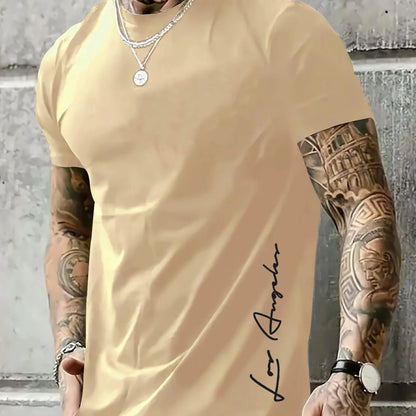 Men's 100 cotton summer loose Contrast Color  los Angelest print slim fit casual round neck short sleeved T-shirt