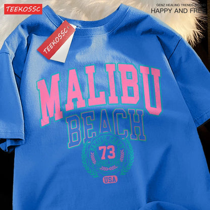 Malibu Beach Simple Letter Printing Print  Women Top Fashion T Shirt Cotton Loose T-Shirt Casual O-Neck Clothes Oversize Top