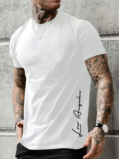 Men's 100 cotton summer loose Contrast Color  los Angelest print slim fit casual round neck short sleeved T-shirt