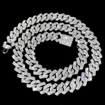 Men Women 14MM Prong Cuban Link Chain Necklace Bling Iced Out 2 Row Rhinestone Cuban Necklace Jewelry