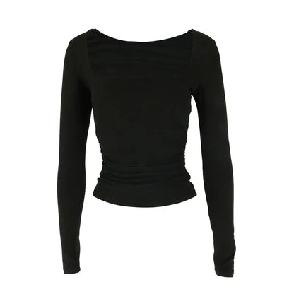 Women Sexy Low Chest Solid Elegant T-shirt Streetwear Fashion Long Sleeves Casual Slim Versatile Female Tees