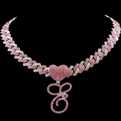 Hip Hop Bling Pink Crystal Cursive Initial Letter Cuban Necklace for Women Iced Out Paved Cuban Chain Necklace Choker Jewelry