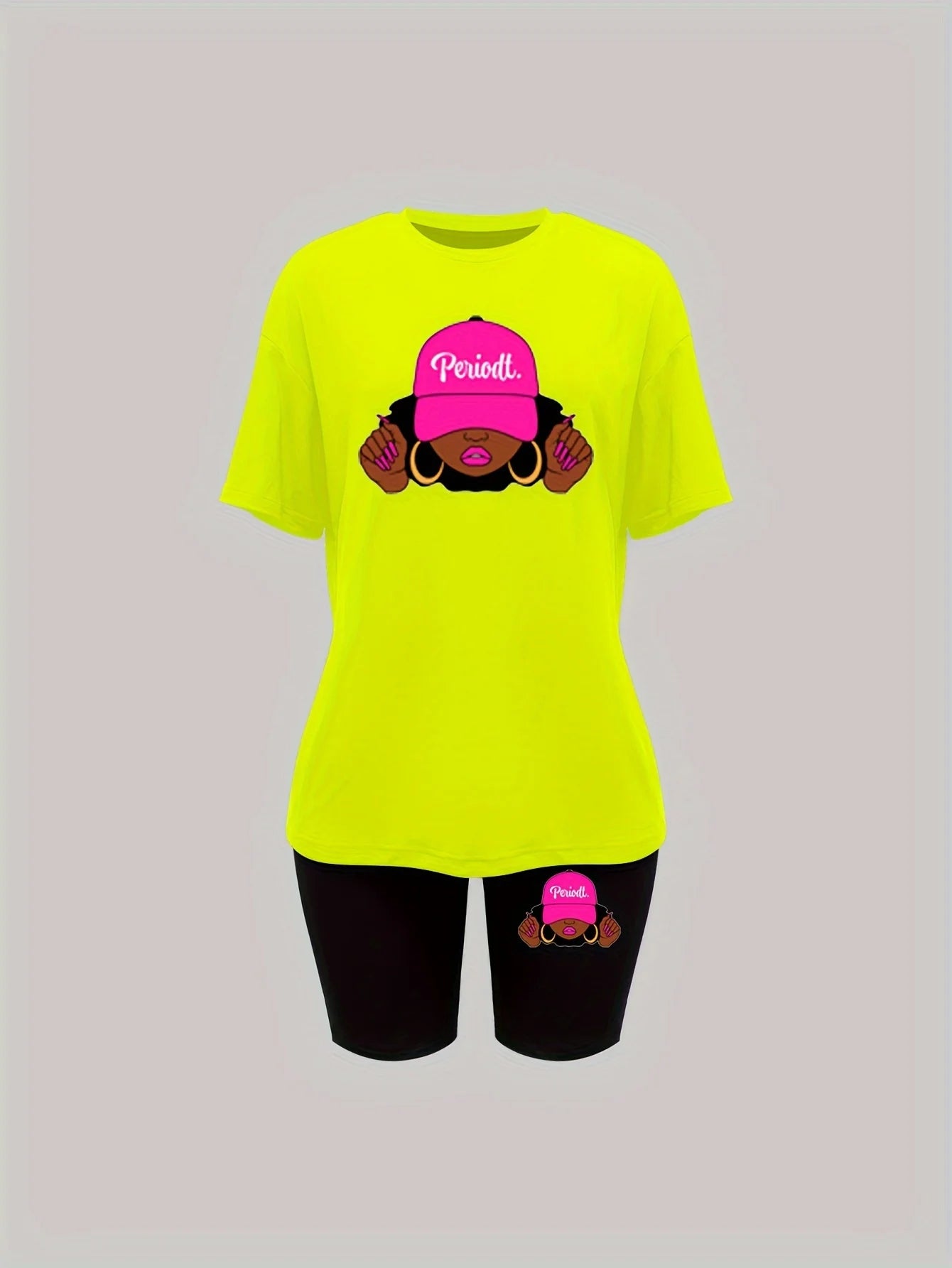 Women's casual loose fit large casual Graphic print round neck short sleeved T-shirt+shorts two-piece set