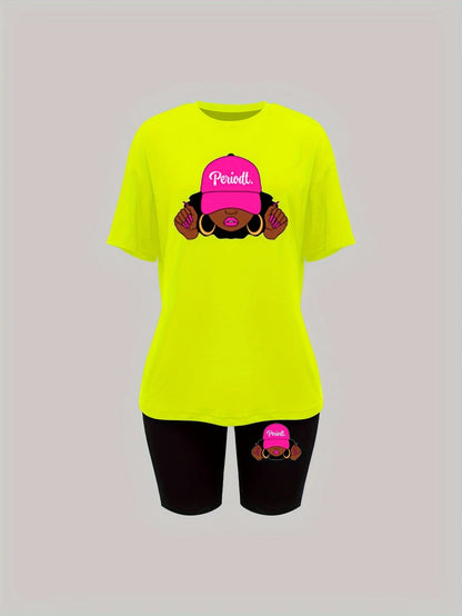 Women's casual loose fit large casual Graphic print round neck short sleeved T-shirt+shorts two-piece set