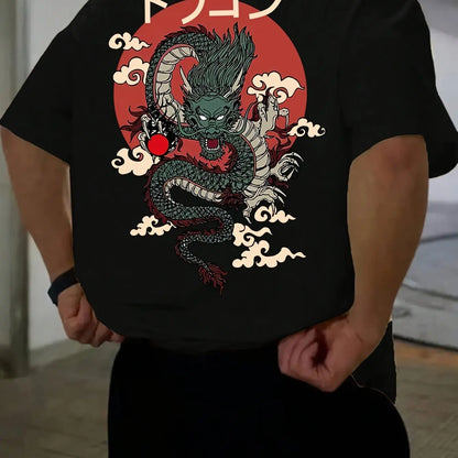 Men's Cotton Fashionable Casual Loose Japanese Anime Dragon Pattern Printed Round Neck Short Sleeve T-shirt Top