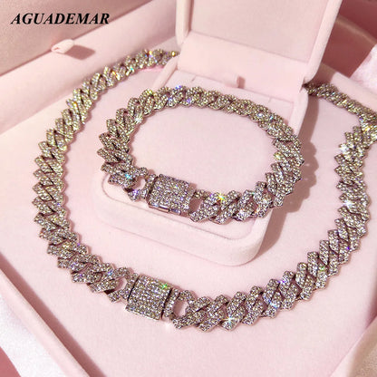 Silver Color 14mm Prong Miami Cuban Link Chain For Women Iced Out 2 Row Rhinestones Square Cuban Link Choker