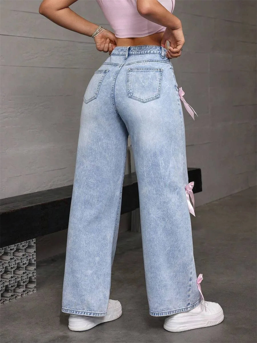 Women Jeans Wide Leg Pants Bow Washed High Waist Streetwear Denims Vintage Straight Ankle Length