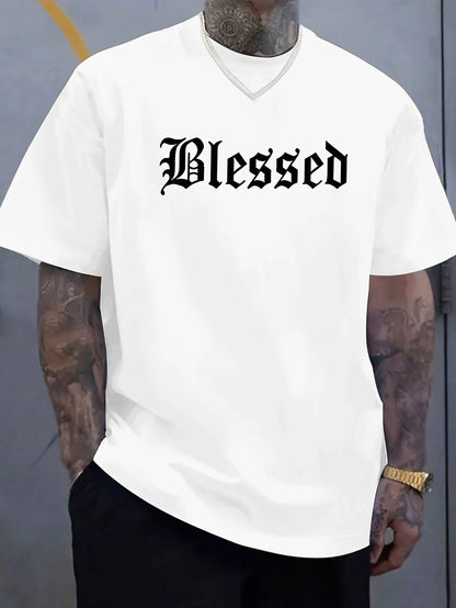 Men's 100% pure cotton fashionable casual loose Blessed letter pattern printed round neck short sleeved T-shirt