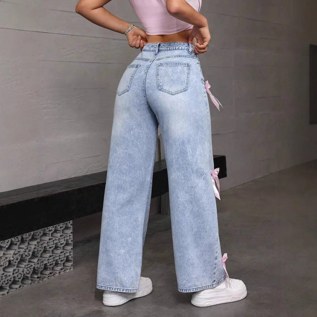 Women Jeans Wide Leg Pants Bow Washed High Waist Streetwear Denims Vintage Straight Ankle Length