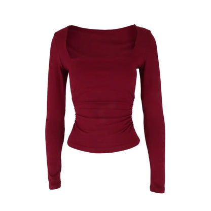 Women Sexy Low Chest Solid Elegant T-shirt Streetwear Fashion Long Sleeves Casual Slim Versatile Female Tees