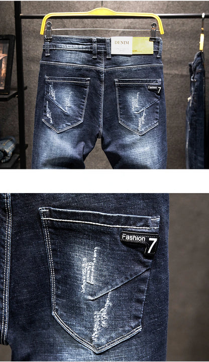 Ripped Jeans Men Slim-fit Denim Pants Fashion Elasticity Versatile Blue Black Men's Clothing