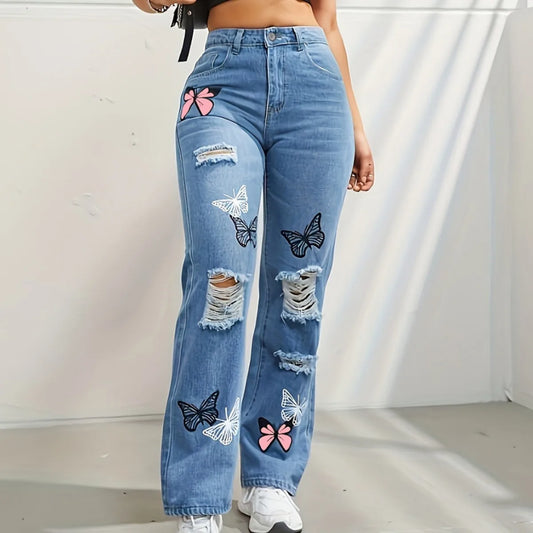 Butterfly Printing Denim Jeans Women Holes Jeans Straight Pants High Waist Loose Fit Vintage Casual Distressed Denims