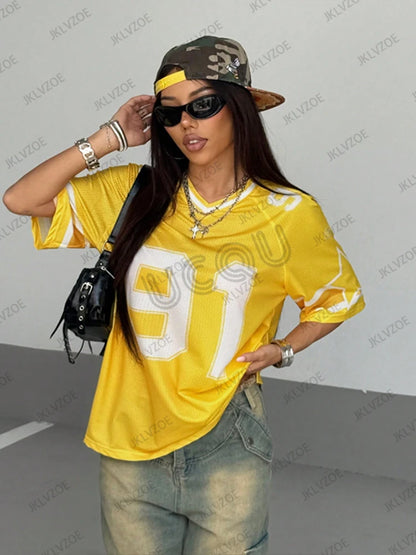 Summer New Black Speed 91 Print T-Shirt For Women V-Neck Patchwork Short Sleeve Sports Football Jersey Y2K Loose Oversized Tops
