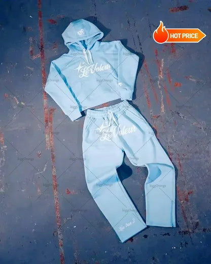 Neutral Street Hoodies and Jogging Sets, High Street Soft Sweatshirts and Pants Shorts Stylish Powder Blue and Brown Casual Wear