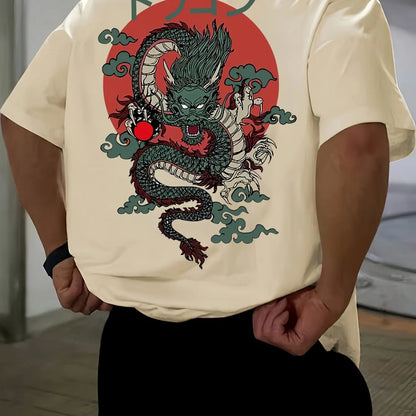 Men's Cotton Fashionable Casual Loose Japanese Anime Dragon Pattern Printed Round Neck Short Sleeve T-shirt Top