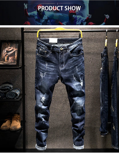 Ripped Jeans Men Slim-fit Denim Pants Fashion Elasticity Versatile Blue Black Men's Clothing