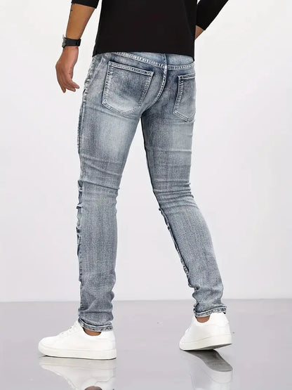 Two tone distressed patchwork jeans for men thin straight leg pants slim fit small leg distressed jeans