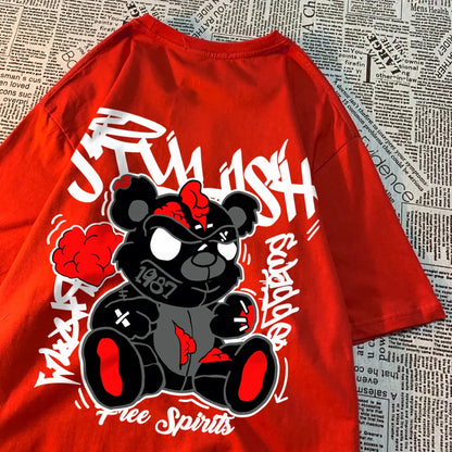 Exploding Black Puppet Bear MenT-Shirts High Quality Cotton Tops Loose T Shirts