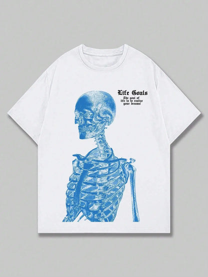 Blue Skeleton Man Life Goals Letter Printing O-Neck Cotton Tops Street Fashion Tees Loose Soft Clothes