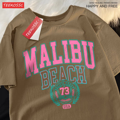 Malibu Beach Simple Letter Printing Print  Women Top Fashion T Shirt Cotton Loose T-Shirt Casual O-Neck Clothes Oversize Top