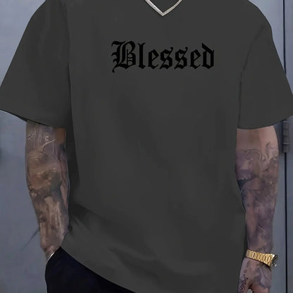 Men's 100% pure cotton fashionable casual loose Blessed letter pattern printed round neck short sleeved T-shirt