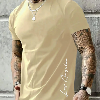Men's 100 cotton summer loose Contrast Color  los Angelest print slim fit casual round neck short sleeved T-shirt