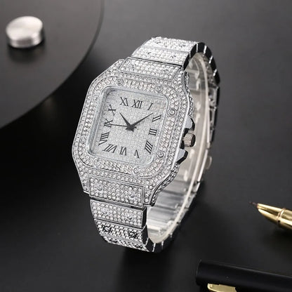 Classic Luxury Business Men's Steel Strap Square Roman Scale Rhinestone Quartz Watch