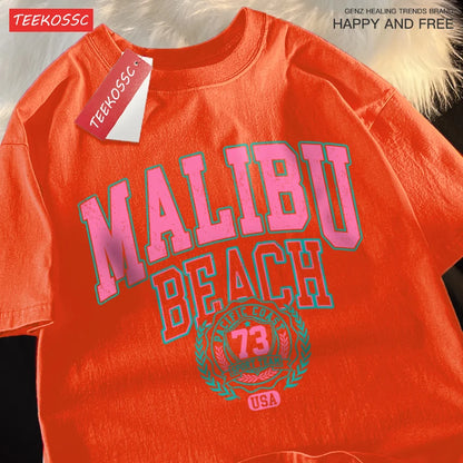 Malibu Beach Simple Letter Printing Print  Women Top Fashion T Shirt Cotton Loose T-Shirt Casual O-Neck Clothes Oversize Top