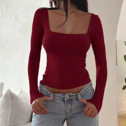 Women Sexy Low Chest Solid Elegant T-shirt Streetwear Fashion Long Sleeves Casual Slim Versatile Female Tees
