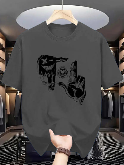r men's 100% pure cotton casual loose plus size gesture eye personalized pattern printed round neck short sleeved T-shirt