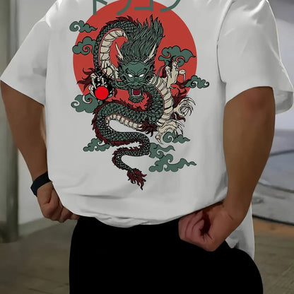 Men's Cotton Fashionable Casual Loose Japanese Anime Dragon Pattern Printed Round Neck Short Sleeve T-shirt Top