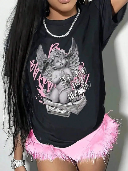 Angels Have A Lot Of Wealth Personality Graphic Tshirts Female Street T-Shirts Cotton Oversized Clothes T-Shirt