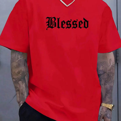Men's 100% pure cotton fashionable casual loose Blessed letter pattern printed round neck short sleeved T-shirt