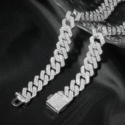 3pcs Cuban Chain Watch for Men  Miami Curb Iced Out Paved Rhinestones Rapper Cuban Necklace Suit Watch+Bracelet Jewelry