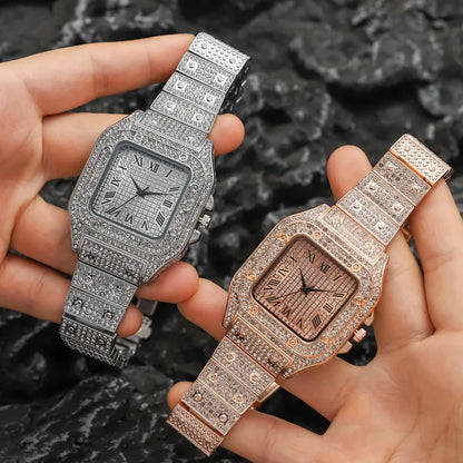 Classic Luxury Business Men's Steel Strap Square Roman Scale Rhinestone Quartz Watch