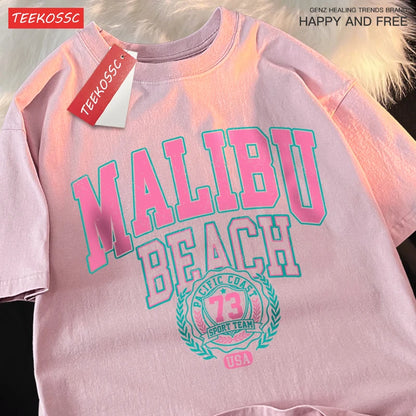 Malibu Beach Simple Letter Printing Print  Women Top Fashion T Shirt Cotton Loose T-Shirt Casual O-Neck Clothes Oversize Top