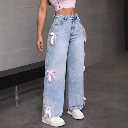 Women Jeans Wide Leg Pants Bow Washed High Waist Streetwear Denims Vintage Straight Ankle Length