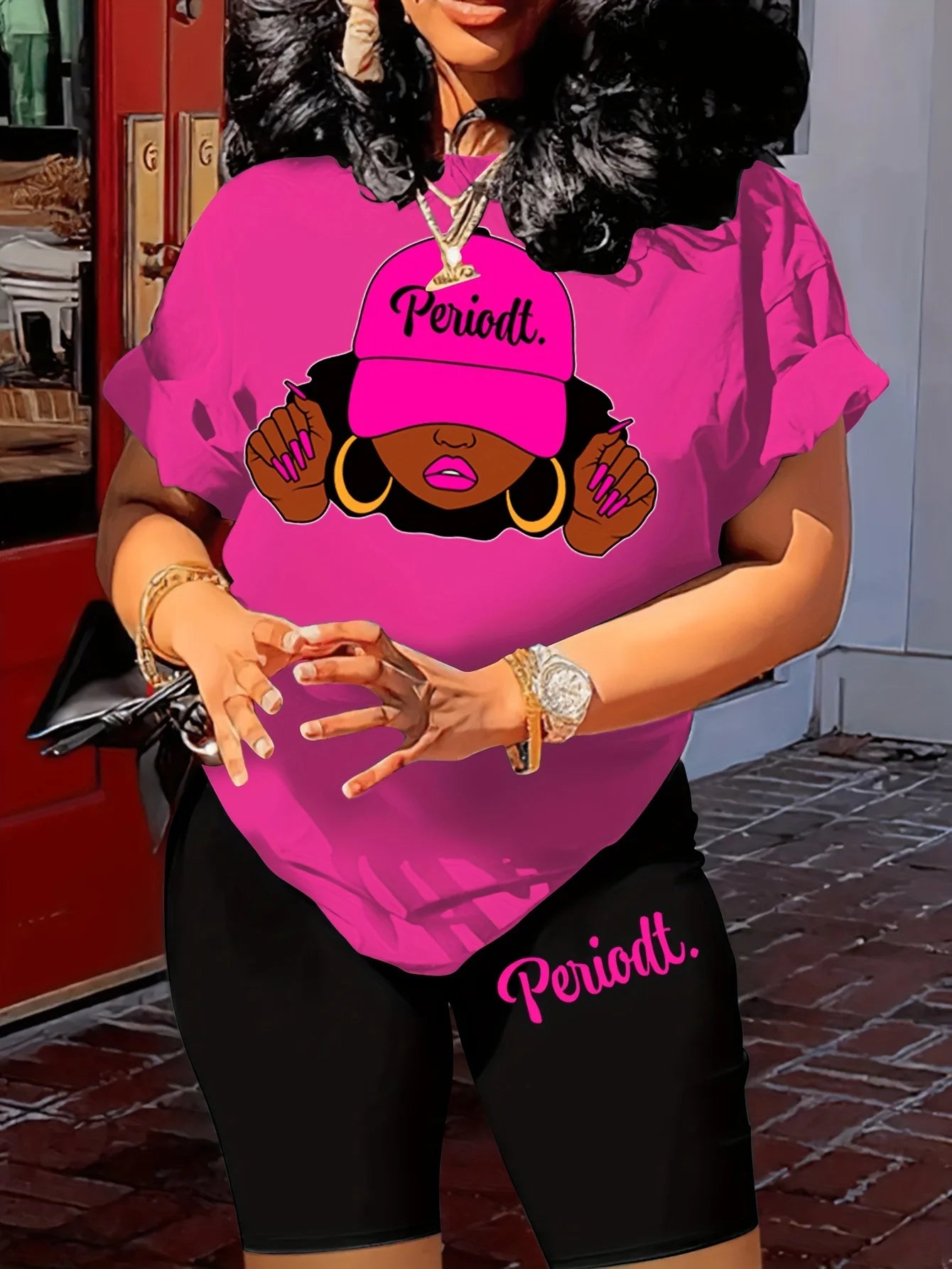 Women's casual loose fit large casual Graphic print round neck short sleeved T-shirt+shorts two-piece set