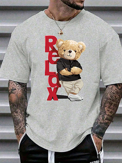 Men's 100% Cotton Fashionable Casual Loose Large Size Letter Bear Printed Sports Round Neck Short Sleeve T-shirt Top