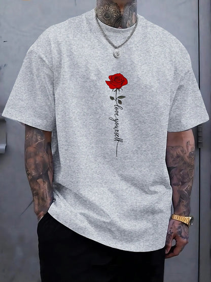 Men'scotton fashionable casual sports loose red rose printed round neck short sleeved T-shirt top