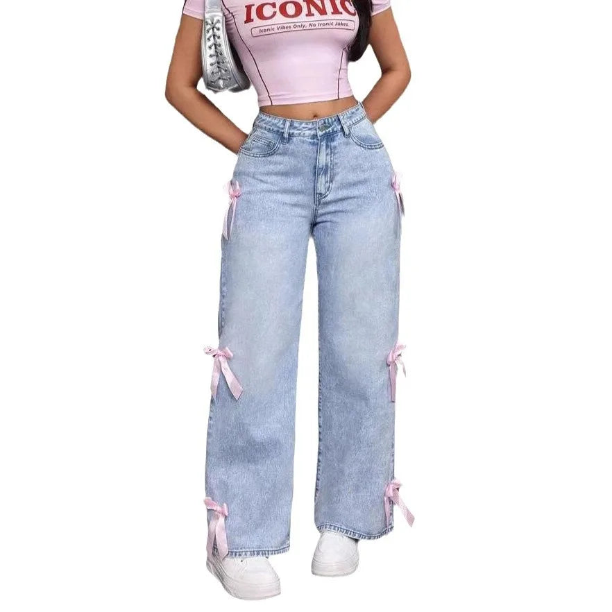 Women Jeans Wide Leg Pants Bow Washed High Waist Streetwear Denims Vintage Straight Ankle Length