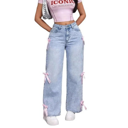 Women Jeans Wide Leg Pants Bow Washed High Waist Streetwear Denims Vintage Straight Ankle Length