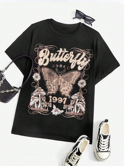 Oversized Butterfly Pattern T-shirt, Women's Black Round Neck Short Sleeve Casual Loose Comfort T-Shirt