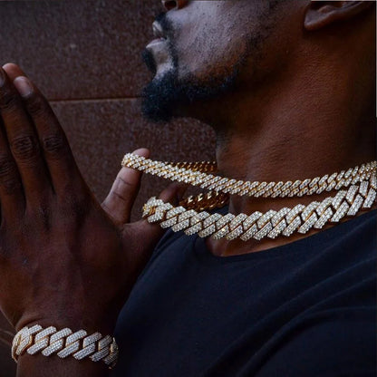 Men Women 14MM Prong Cuban Link Chain Necklace Bling Iced Out 2 Row Rhinestone Cuban Necklace Jewelry