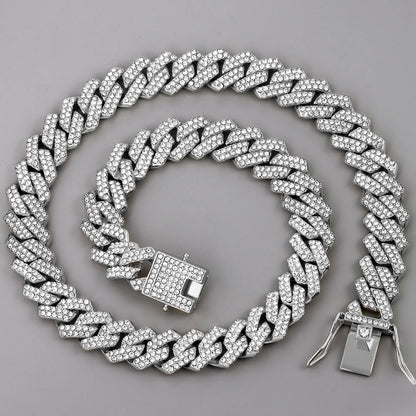 Men Women 14MM Prong Cuban Link Chain Necklace Bling Iced Out 2 Row Rhinestone Cuban Necklace Jewelry