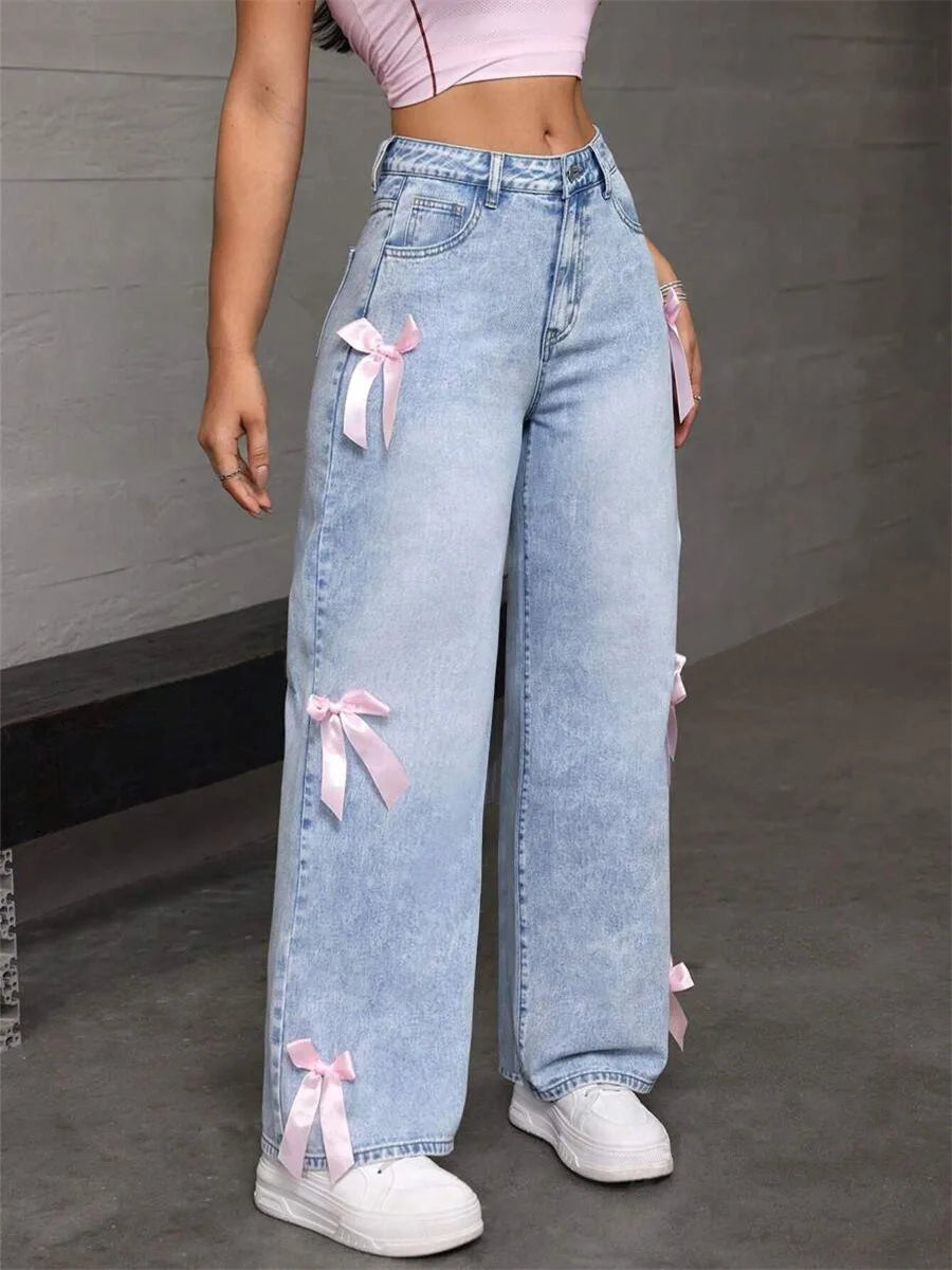 Women Jeans Wide Leg Pants Bow Washed High Waist Streetwear Denims Vintage Straight Ankle Length