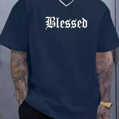 Men's 100% pure cotton fashionable casual loose Blessed letter pattern printed round neck short sleeved T-shirt